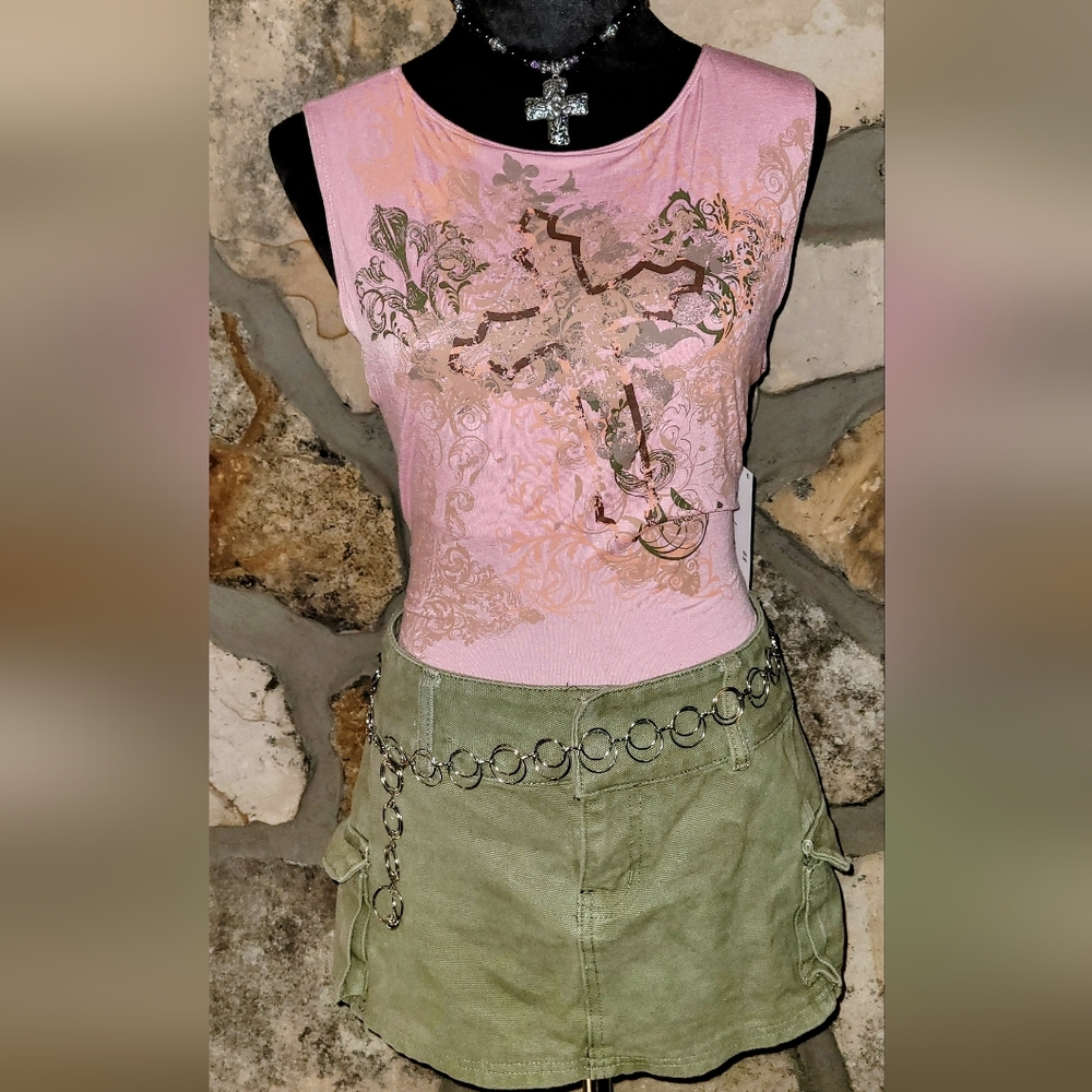 Urban Outfitters Pink Embellished Y2K Cross Fitted Sleeveless Tank Top